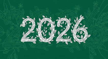 The year 2026 written in an elegant, leafy white script on a dark green chalkboard background. Perfect for New Year's greetings and event invitations