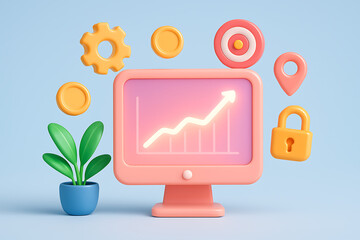3d illustration of a finance and security concept with a pink monitor displaying a glowing growth graph, surrounded by a gear, coins, a target, a location pin