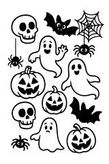 Black and White Halloween Cartoon Icons &ndash; Ghosts, Skulls, Bats, Pumpkins, Spiders, Webs