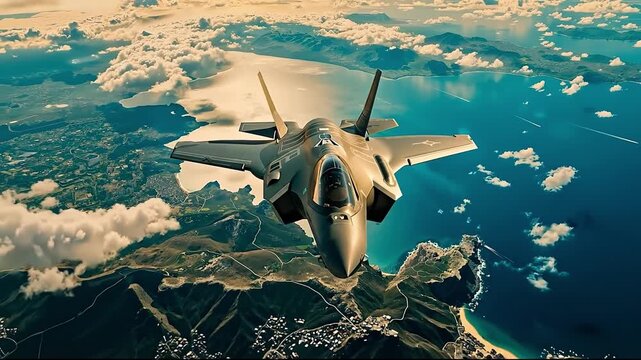 A fighter jet flying over a large body of water