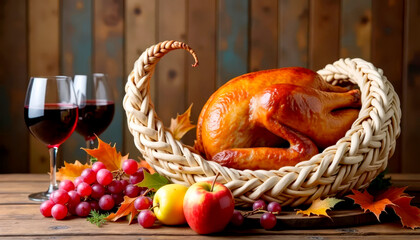 A wicker vase of abundance with a festive roast turkey, bunches of grapes, pumpkins, fresh fruits and two glasses of red wine on a wooden background. Happy Thanksgiving