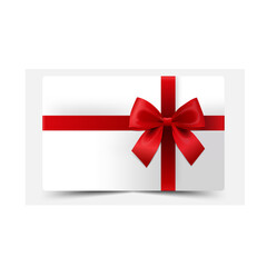 Vector 3D Realistic Gift Card or Gift Certificate Mockup with Red Satin Ribbon and Elegant Bow – Blank Template for Birthday, Valentine's Day, Christmas, Sale, or Invitation Design
