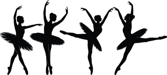 Silhouette of ballerina dancers performing ballet poses, classical dance art, elegant women in tutu costume, stage performance illustration, graceful movement isolated background