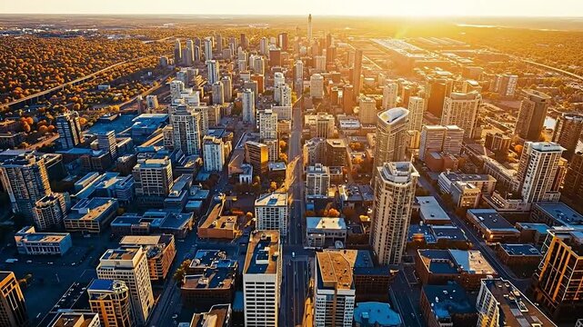A view of a city with tall buildings in the foreground