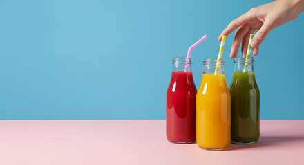 A hand choosing one of three vibrant fruit smoothies in glass bottles against a colorful background. Perfect for promoting healthy drinks and lifestyle choices