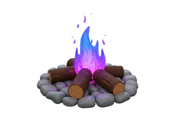 Isolated stylized campfire with vibrant blue and purple flames surrounded by smooth grey stones and wooden logs a cozy outdoor camping scene