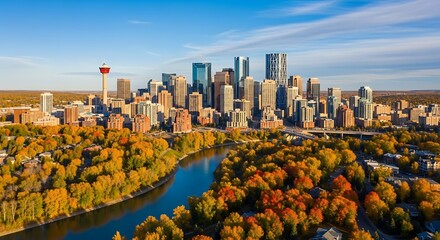 Calgary City Skyline with Vibrant Autumn Foliage and Bow River.