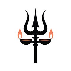 Black trident with two orange oil lamps and flames