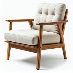 Elegant minimalist armchair featuring light fabric and wood frame on white background