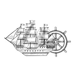 An old ship with sails and a steering wheel. Black and white graphics, hand-drawn vector illustrations. For children s games and celebrations. For stickers, posters and banners, packaging, and more.