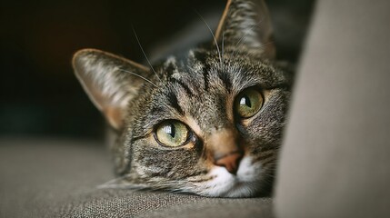 upholstery. Adorable tabby cat curled up on neutral-toned fabric, bathed in soft window light. wildlife magazines, conservation campaigns, designed for eco-tourism storytelling.