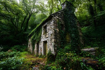 An old stone house covered in green ivy surrounded by lush trees