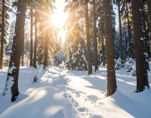 Winter forest sunbeams on snow