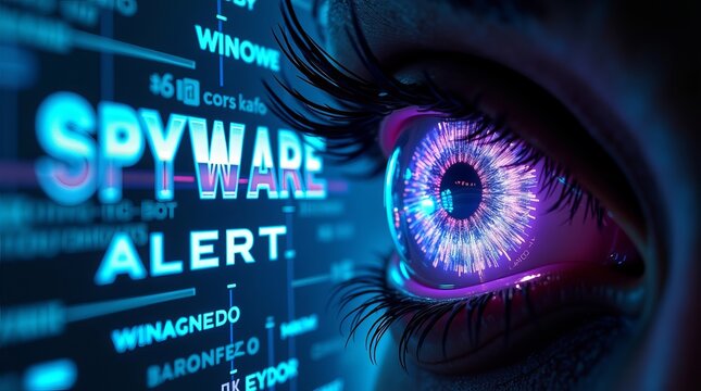 A close-up of a human eye with vibrant colors, reflecting the words 'Spyware Alert' in a digital environment.