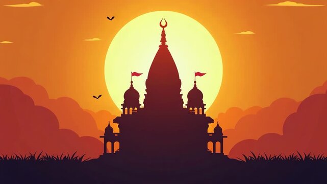 Silhouette of temple for ram navami celebration.   of a majestic temple silhouette with detailed domes and flags, beautifully outlined against a vibrant orange sunset sky and glowing sun, perfect for