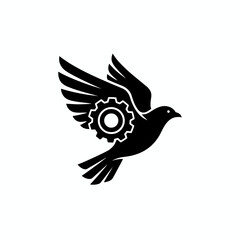 Obraz premium Dynamic silhouette of a dove with a gear integrated into its wing symbolizes innovation, progress, and the harmonious blend of nature and technology for forward-thinking businesses.