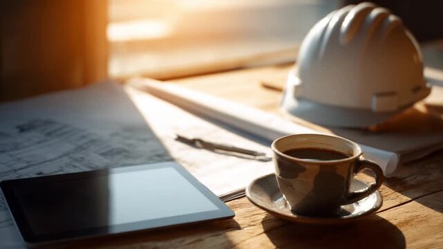 Architect's Workspace: A cup of coffee sits next to a blueprint and a helmet, the setting sun gently illuminates the elements on the wooden table creating a calm atmosphere.