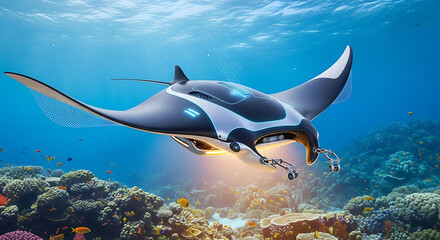 Fototapeta premium Exploring advanced underwater robotics in coral reefs digital art creation vibrant ocean perspective ai studio concept