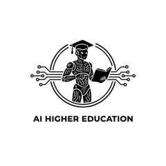 Obraz premium Futuristic robot scholar wearing graduation cap studies ancient book, symbolizing AI's transformative impact on advanced learning and technological progress.