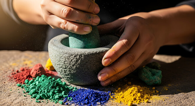 Crafting vibrant pigments artisan workshop in creative studio hands-on art process with close-up view of mortar and pestle