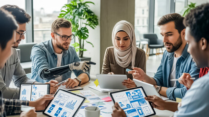 Variative angle camera for a group of young professionals in a modern space, including a man with prosthetic arm and a woman in hijab, brainstorming around digital tablets, natural lighting.