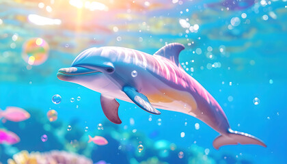 Ocean's Grace: A vibrant dolphin swims gracefully through the shimmering water, bubbles dancing around it as it navigates the crystal-clear depths, illuminated by the sun's warm rays. 