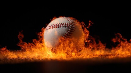 baseball. Baseball with dramatic fiery effect isolated on pure black background with intense flames. event key visuals, club posters, designed for sports event promotions and stadium branding.
