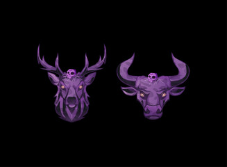 Halloween Animal Emblem. Gothic Fantasy Clan Crest with Skull and Antler Deer, Bull Head Symbol. Dark Rpg Badge, Spooky Horror Mascot Icon. Medieval Game Banner and Creepy Ui Design.