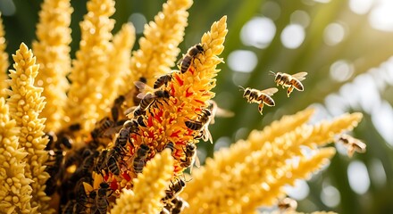 Bees buzzing around yellow flowers collecting pollen in sunlight.