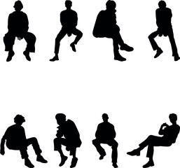 Set of 8 sitting people silhouettes - casual poses and relaxed seating. Perfect for park scenes, waiting areas, lifestyle illustrations.