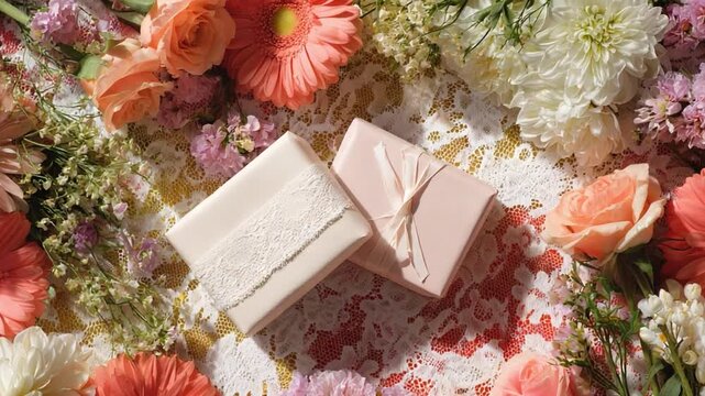 Gift boxes amidst floral tapestry: A delicate arrangement of soft-colored gift boxes rests on a detailed lace doily amidst a profusion of pastel-hued blossoms, creating an enchanting visual symphony.