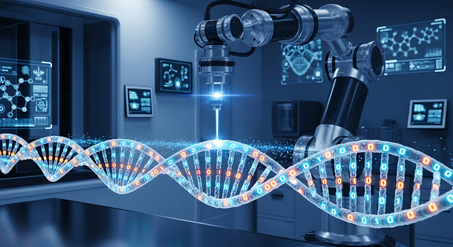 Robotic arm manipulating dna strand in high-tech lab science environment innovative concept futuristic viewpoint