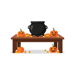 Halloween table decor with cauldron pumpkins candy corn festive autumn celebration vector