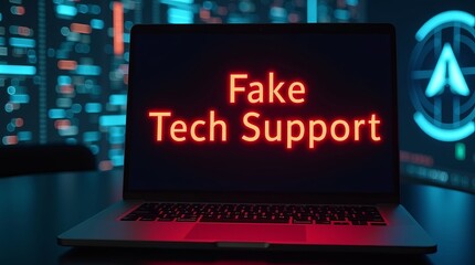 A laptop displaying glowing text saying 'Fake Tech Support' in a dark, futuristic setting.