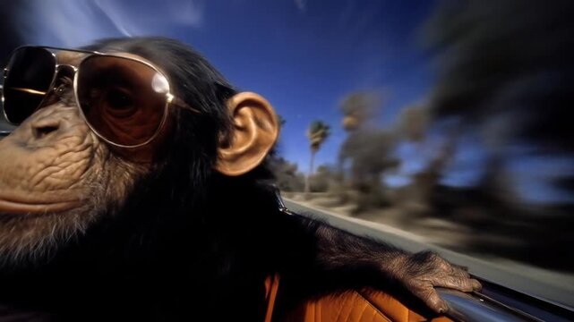 Chimpanzee in sunglasses driving