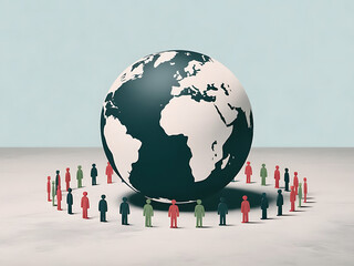 A world globe surrounded by people figurines