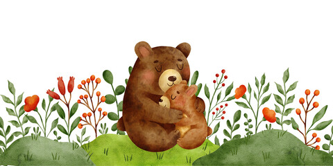Cute watercolor illustration of a bear hugging a cub among flowers and leaves. Perfect for stickers, cards, posters, kids room decor.