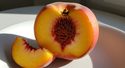 A close-up view of a fresh, ripe peach cut in half, revealing its juicy flesh and textured pit, with a slice resting beside it on a white plate under natural light