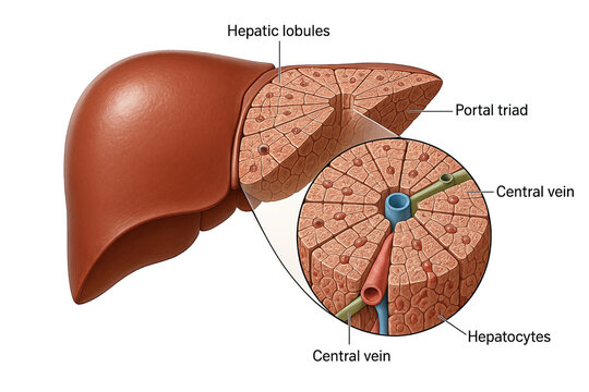 Anatomical illustration of the human liver and its lobular structure