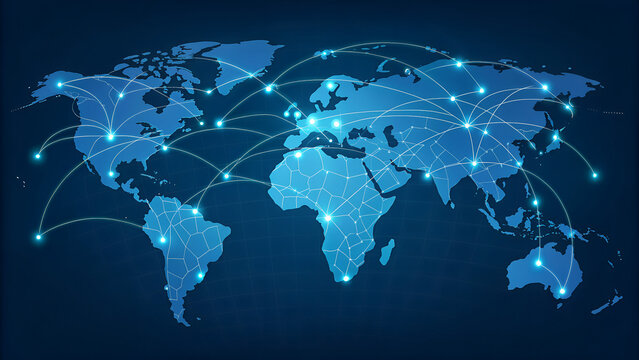 Global network connections across world map for technology and communication illustration