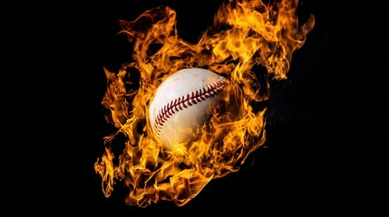 baseball. Baseball with dramatic fiery effect isolated on pure black background with intense flames. event key visuals, club posters, designed for sports event promotions and stadium branding.
