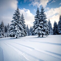 Fototapeta premium Snowy pine trees on a winter landscape