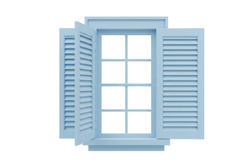 Obraz premium Isolated light blue wooden window with open louvered shutters architectural element home decor vintage style building facade detail summer house design