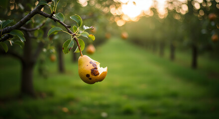 Bitten Pear Hanging on a Tree Branch in an Orchard at Sunset