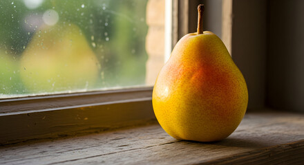 A golden pear with a reddish blush ripening on a rustic wooden windowsill, bathed in soft natural light, reflecting outdoor greenery