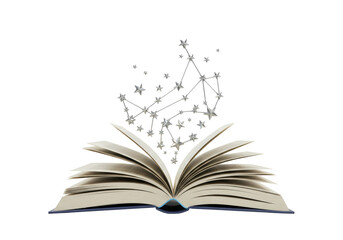 Isolated open book with a magical constellation of shining stars emerging from its pages representing knowledge imagination and dreams