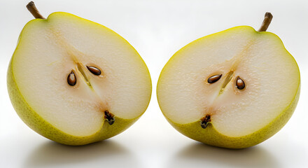 A single fresh green pear sliced in half, revealing the internal core with seeds, isolated on a clean white background
