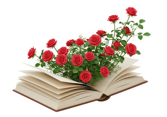 Isolated open book with vibrant red roses blooming from its pages symbolizing knowledge growth and natural beauty