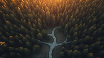 Obraz premium Aerial view of diverging forest paths at golden hour, symbolizing life choices and natural beauty.