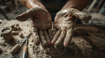  Close-up of Artisan's Hands Covered in Clay, Gently Shaping the Material